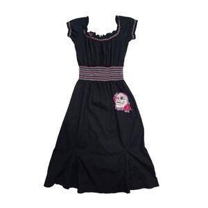 Lucky 13 Apparel Womens Black Sugar Skull Embroidery Smocked Midi Dress Large